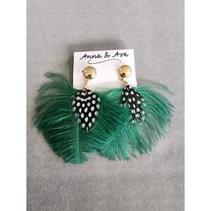 New! DILLARD'S ANNA & AVA Green & Black Feathers White Spots Earrings FREE $HIP!
